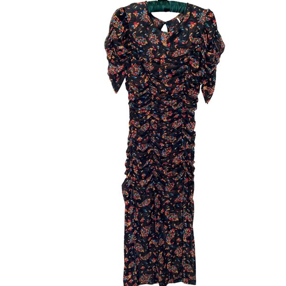 Free People Dresses & Skirts - Free People Ruched Mesh Midi Dress Black Floral Slit Small